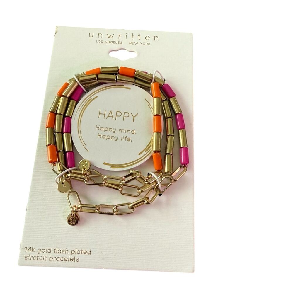 Unwritten Happy Mind Happy Life Gold and Pink Stretch Bracelet NEW